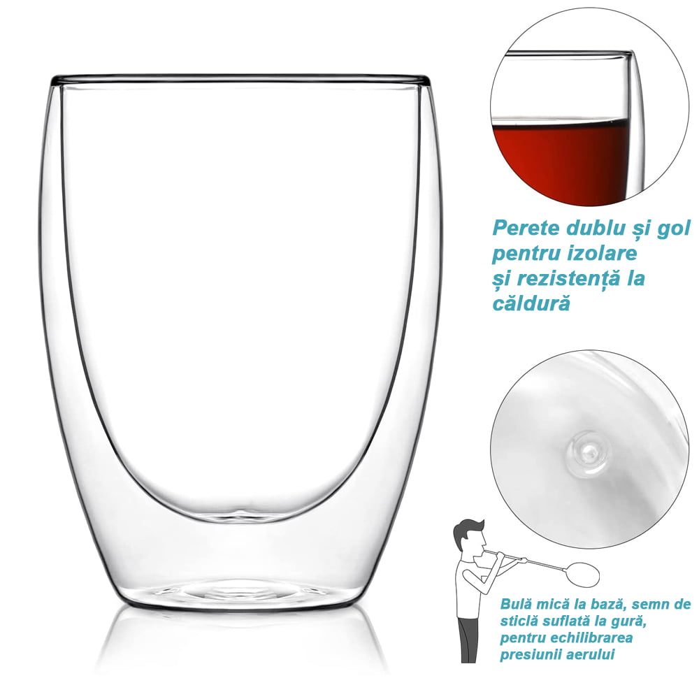 Set 2 pahare din sticla cu pereti dubli, Quasar & Co.®, termorezistente, design modern, diametru 8 x h11.5 cm, 350 ml 8