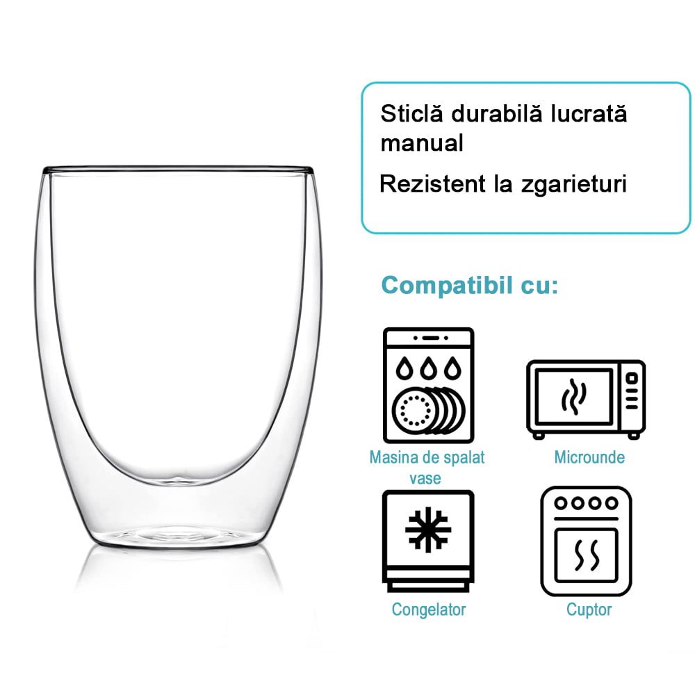 Set 2 pahare din sticla cu pereti dubli, Quasar & Co.®, termorezistente, design modern, diametru 8 x h11.5 cm, 350 ml 7