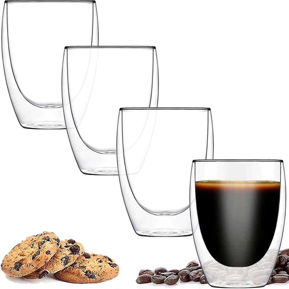 Set 4 pahare din sticla cu pereti dubli, Quasar & Co.®, termorezistente, design modern, diametru 8 x h11.5 cm, 350 ml