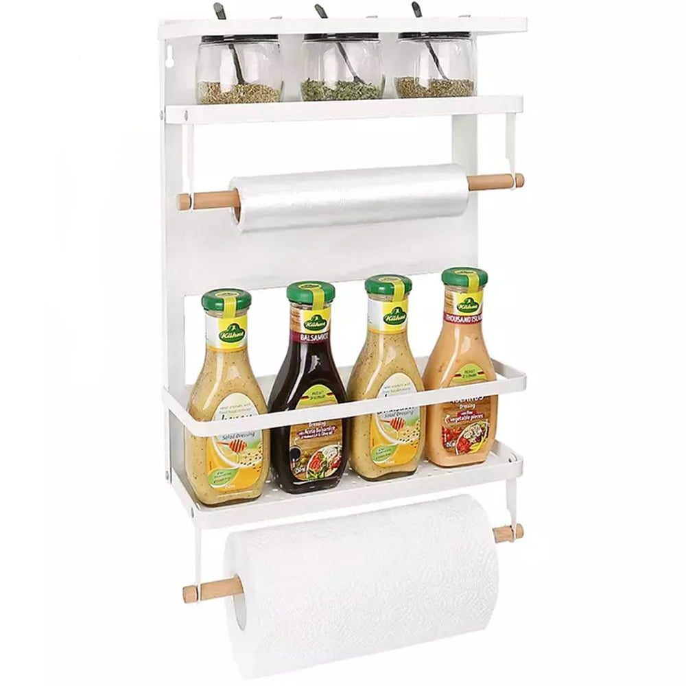 Raft metalic pentru condimente, Quasar & Co.®, 2 polite, suport rola prosop, suport folie alimentara, prindere magnetica, 29 x 8 x 48 cm, alb 3
