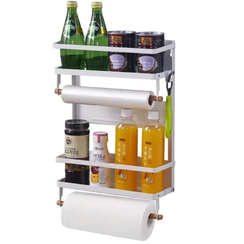 Raft metalic pentru condimente, Quasar & Co.®, 2 polite, suport rola prosop, suport folie alimentara, prindere magnetica, 29 x 8 x 48 cm, alb 2