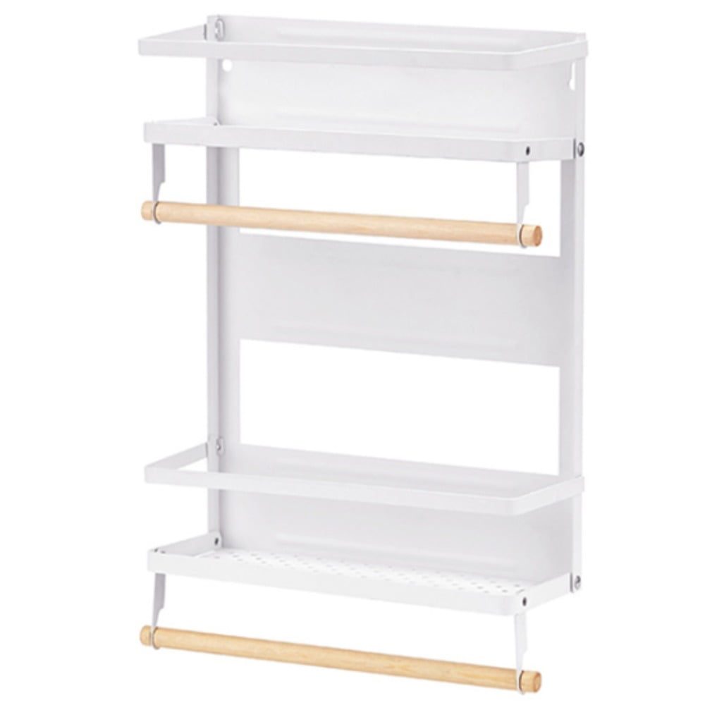 Raft metalic pentru condimente, Quasar & Co.®, 2 polite, suport rola prosop, suport folie alimentara, prindere magnetica, 29 x 8 x 48 cm, alb