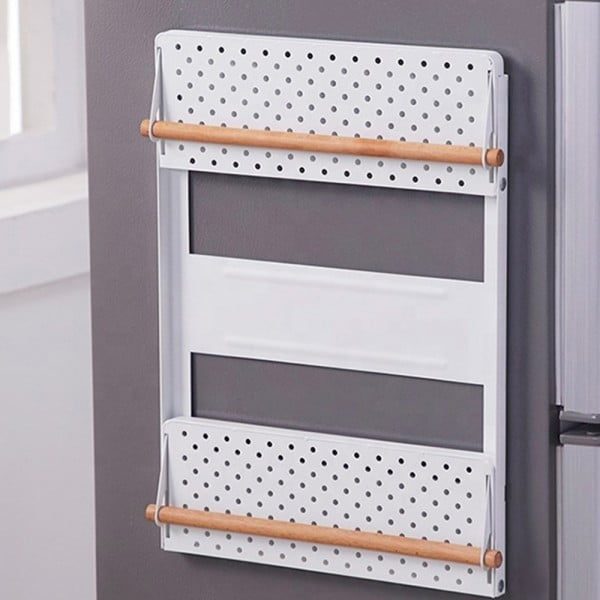 Raft metalic pentru condimente, Quasar & Co.®, 2 polite, suport rola prosop, suport folie alimentara, prindere magnetica, 29 x 8 x 48 cm, alb - imagine 4