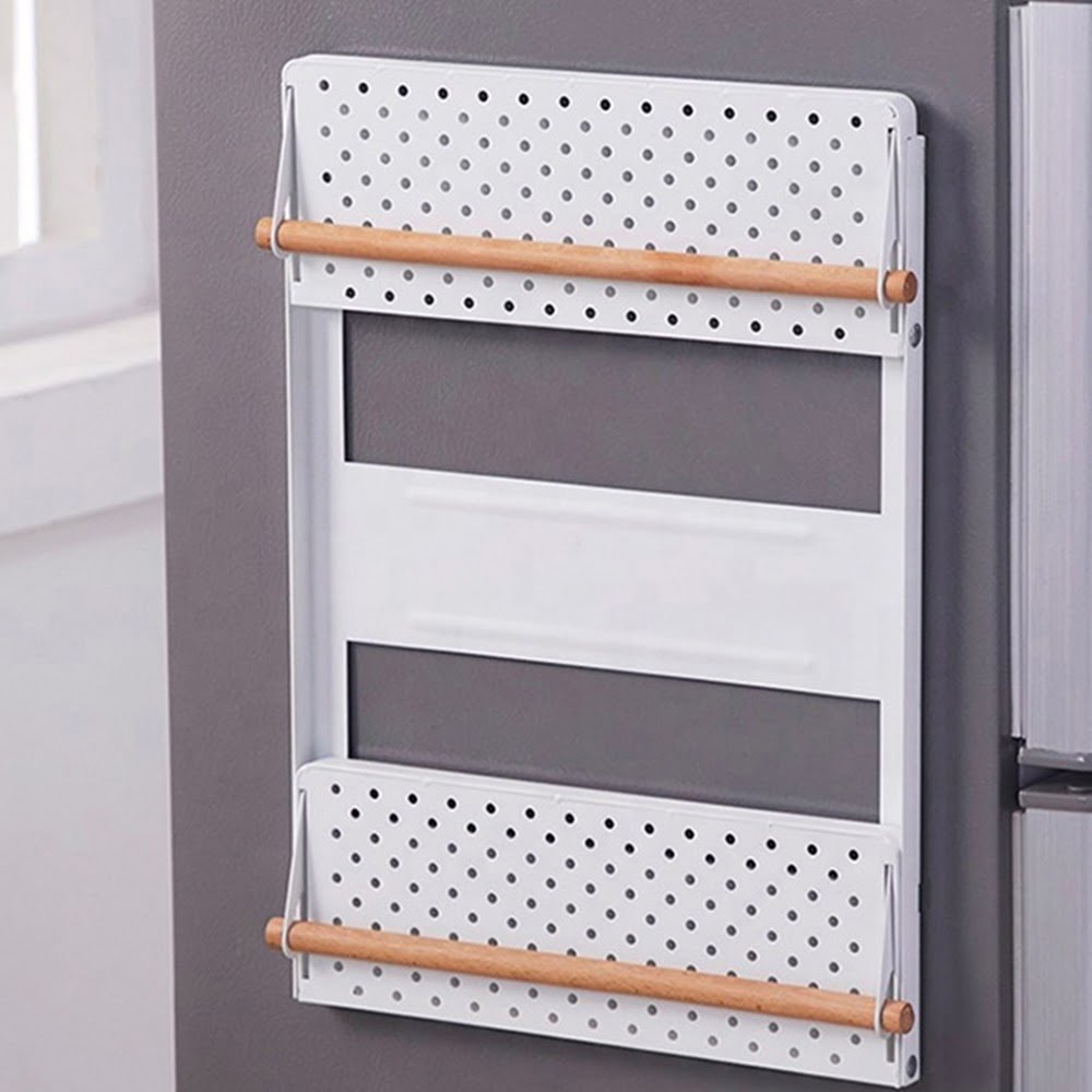 Raft metalic pentru condimente, Quasar & Co.®, 2 polite, suport rola prosop, suport folie alimentara, prindere magnetica, 29 x 8 x 48 cm, alb 4