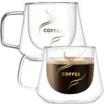 Set 2 cesti cafea 200 ml, din sticla cu pereti dubli, Quasar & Co.®, termorezistenta, model rotund, mesaj COFFEE 6