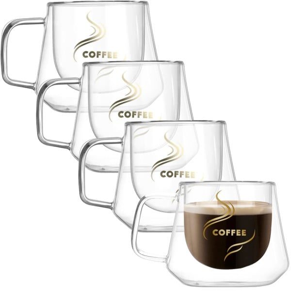 Set 4 cesti cafea 200 ml, din sticla cu pereti dubli, Quasar & Co.®, termorezistenta, model rotund, mesaj COFFEE - imagine 6