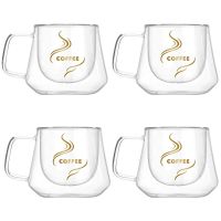 Set 4 cesti cafea 200 ml, din sticla cu pereti dubli, Quasar & Co.®, termorezistenta, model rotund, mesaj COFFEE 7 Set 4 cesti cafea 200 ml, din sticla cu pereti dubli, Quasar & Co.®, termorezistenta, model rotund, mesaj COFFEE 7