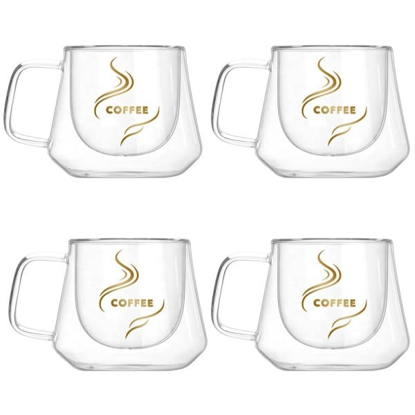 Set 4 cesti cafea 200 ml, din sticla cu pereti dubli, Quasar & Co.®, termorezistenta, model rotund, mesaj COFFEE Cesti 2024-05-01 2