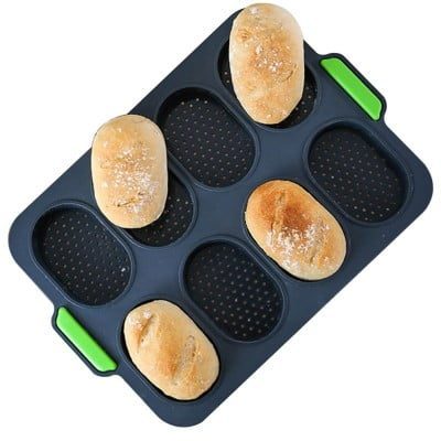 Tava chifle/paine/briose, Quasar & Co.®, 8 compartimente, perforata, silicon, 34 x 24 cm, gri-verde 8