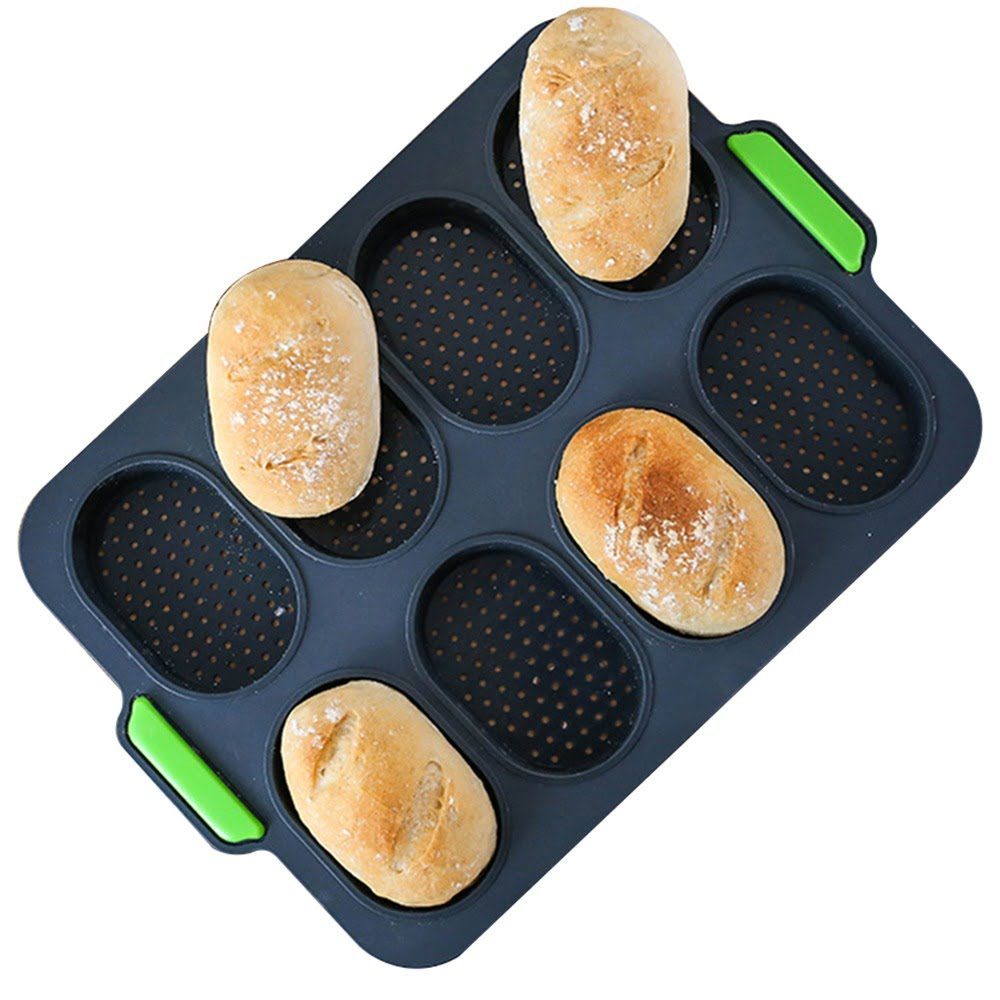 Tava chifle/paine/briose, Quasar & Co.®, 8 compartimente, perforata, silicon, 34 x 24 cm, gri-verde