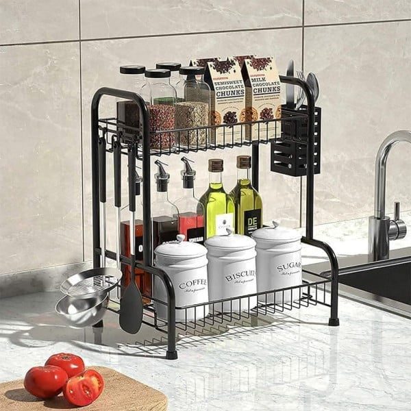 Raft metalic bucatarie, Quasar & Co., etajera depozitare cu carlige agatare si suport tacamuri, 31 x 22 x 39 cm, negru - imagine 4