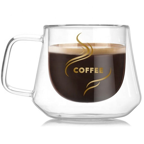 Set 4 cesti cafea 200 ml, din sticla cu pereti dubli, Quasar & Co.®, termorezistenta, model rotund, mesaj COFFEE Cesti 2024-05-02