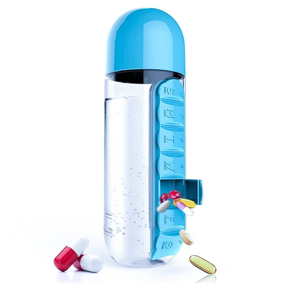 Sticla 600 ml cu organizator pentru medicamente, Quasar & Co.®, tritan, albastru
