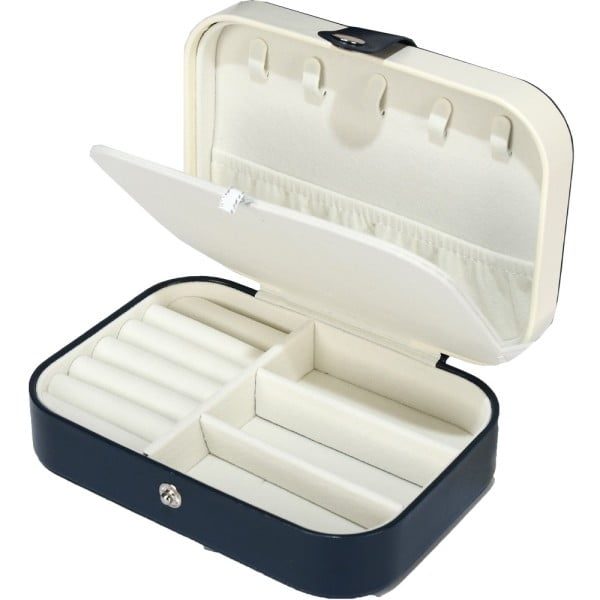 Cutie de bijuterii Quasar & Co.® pentru inele, lantisoare, bratari, organizator 2 compartimente, piele ecologica, interior catifea, 16 x 11 x 5 cm, bleumarin-alb - imagine 3