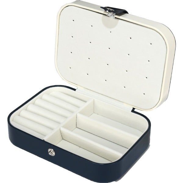 Cutie de bijuterii Quasar & Co.® pentru inele, lantisoare, bratari, organizator 2 compartimente, piele ecologica, interior catifea, 16 x 11 x 5 cm, bleumarin-alb - imagine 4