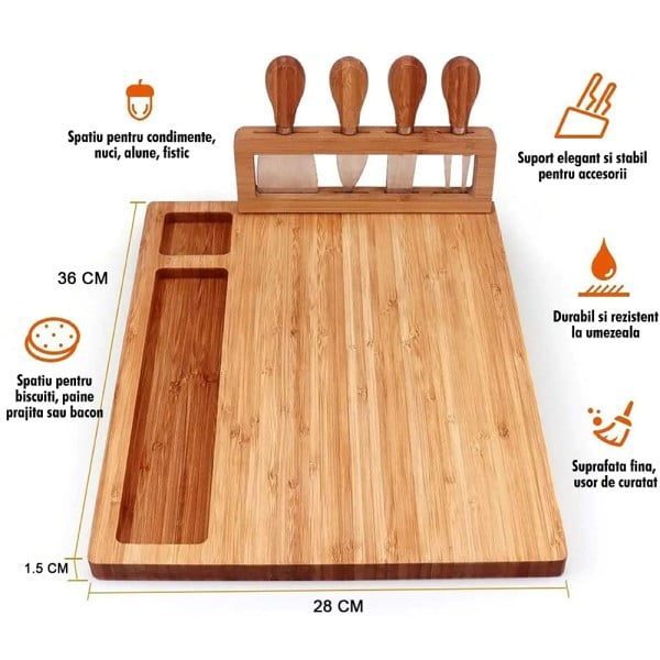 Set servire branzeturi 7 piese, Quasar & Co.®, platou servire cu sosiera si cutite, 36 x 28 cm, bambus - imagine 11