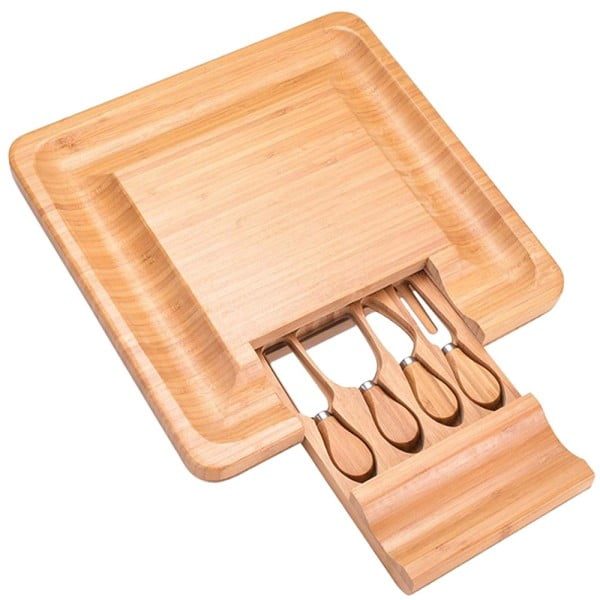 Set servire branzeturi 5 piese, Quasar & Co.®, platou servire cu tava si cutite, 33 x 33 x 4 cm, bambus - imagine 1