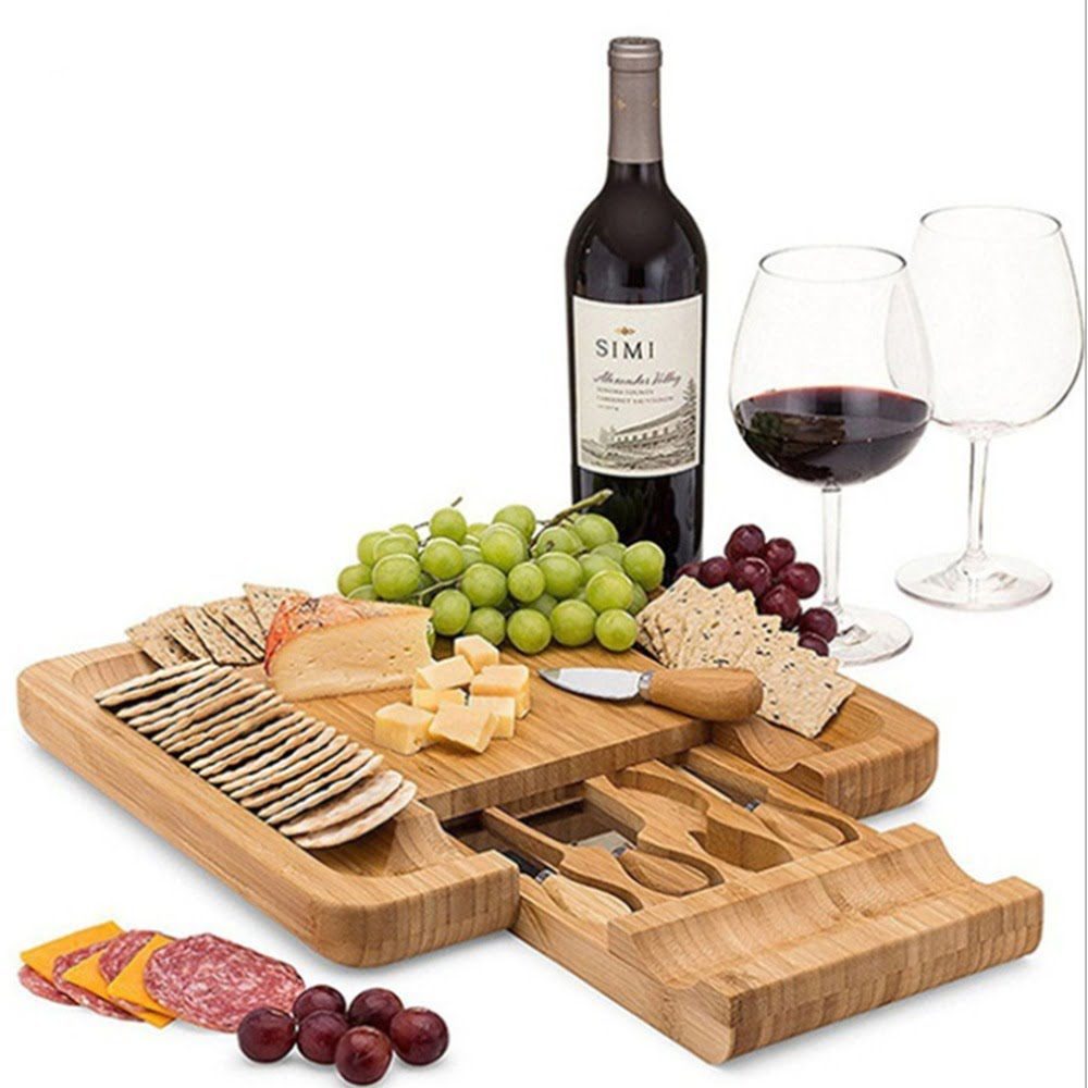Set servire branzeturi 5 piese, Quasar & Co.®, platou servire cu tava si cutite, 33 x 33 x 4 cm, bambus 4