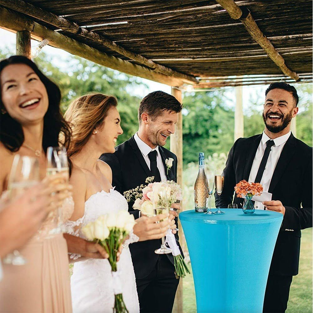Husa masa evenimente, Relaxdays, husa elastica, rotunda, fata de masa pentru cocktail si catering, d 60-70 cm, h 120 cm, bleu 3