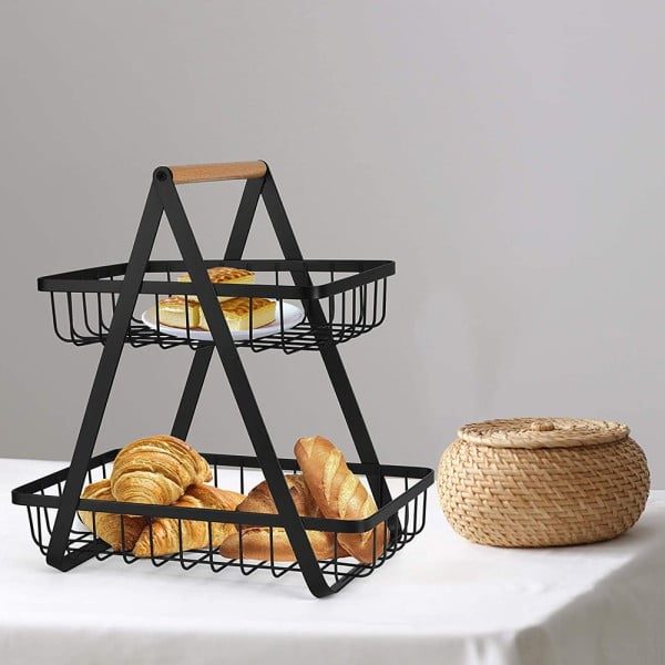 Cos metalic, detasabil, Quasar & Co.®, organizator fructe, legume, 2 niveluri, 32 x 29.9 x 18 cm, negru - imagine 3