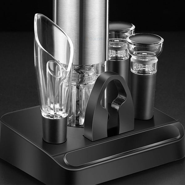 Accesorii pentru vin, Quasar & Co.®, 6 piese, tirbuson electric, dop vacuum, palnie, cutter folie, inox/plastic, negru - imagine 8