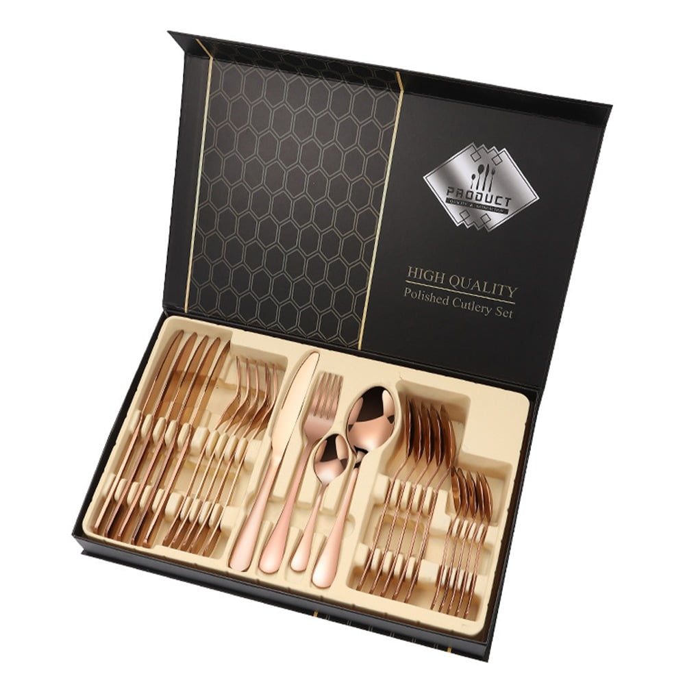 Set 24 tacamuri din inox, Quasar & Co.®, 6 x cutite, 6 x linguri, 6 x furculite, 6 x lingurite, 40 x 25.5 x 5.5 cm, Rose Gold