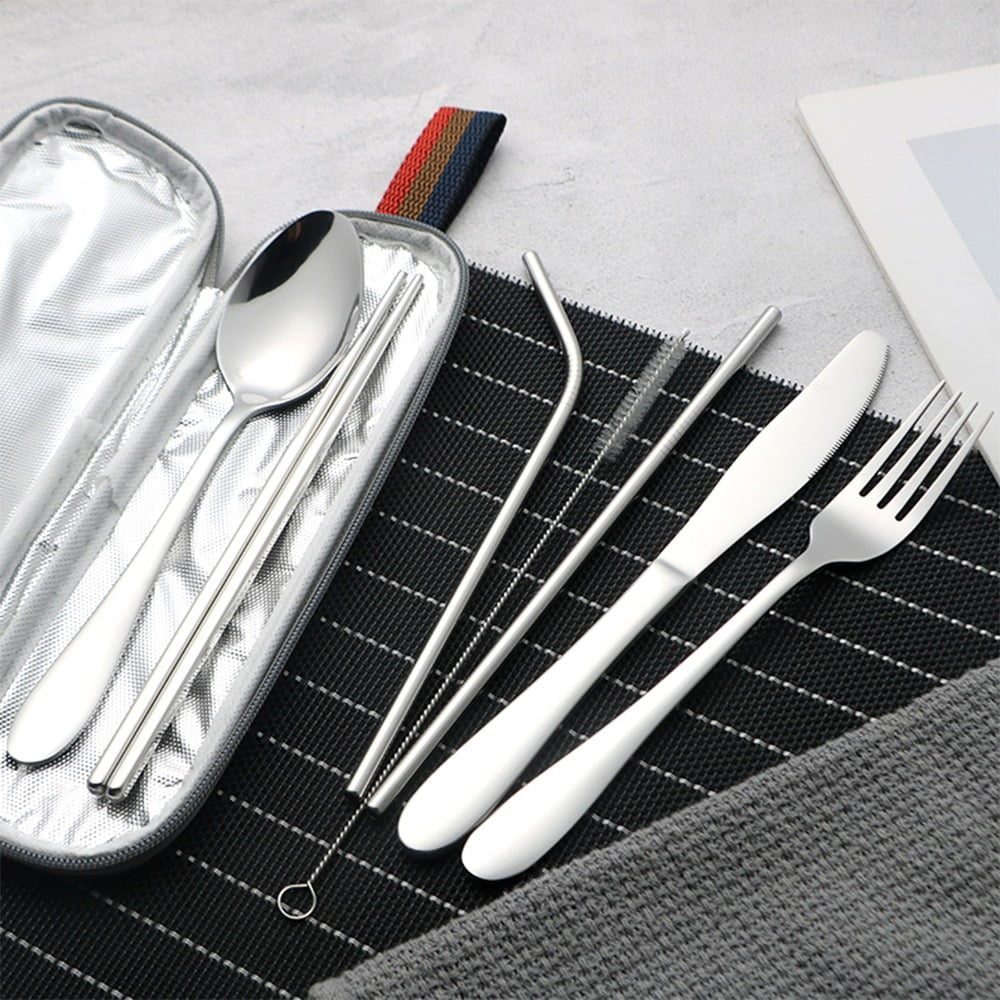 Set tacamuri inox, Quasar & Co.®, pentru birou, calatorii, camping, 7 piese in husa depozitare, 24 x 7 cm, Argintiu 3