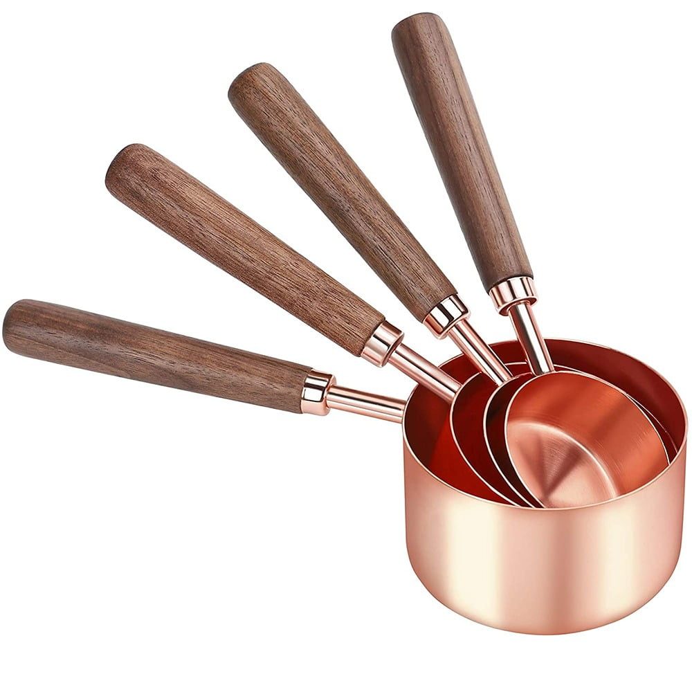 Set 8 cupe metalice masurare Quasar & Co.®, cu manere din lemn, 1,25 ml/2,5 ml/5 ml/15 ml/60 ml/80 ml/125 ml/250 ml, otel inoxidabil, Rose Gold 2