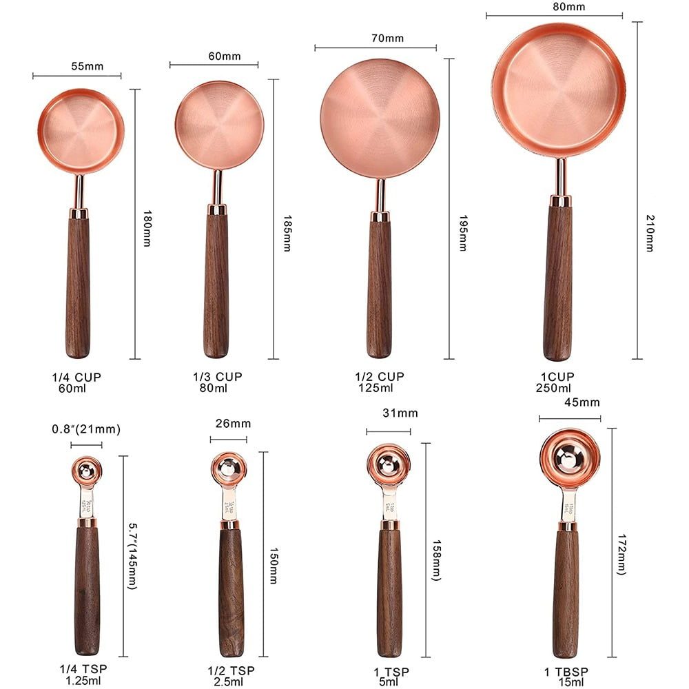 Set 8 cupe metalice masurare Quasar & Co.®, cu manere din lemn, 1,25 ml/2,5 ml/5 ml/15 ml/60 ml/80 ml/125 ml/250 ml, otel inoxidabil, Rose Gold 4