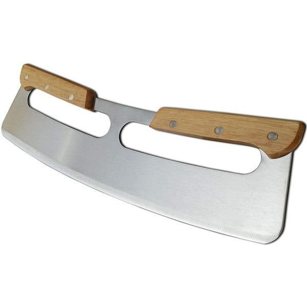 Cutit din inox pentru pizza Quasar & Co.®, cu taietor in V, 2 manere lemn, protectie lama, 35.5 x 10.5 cm, inox/lemn - imagine 2