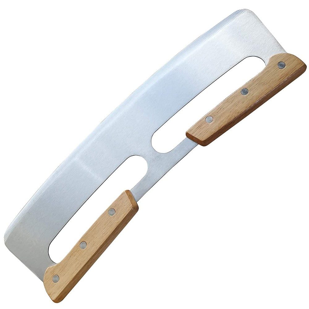 Cutit din inox pentru pizza Quasar & Co.®, cu taietor in V, 2 manere lemn, protectie lama, 35.5 x 10.5 cm, inox/lemn 3