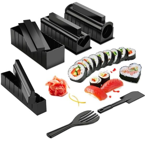 Set preparare sushi, Quasar & Co.®, 2 spatule si 8 forme diferite, plastic, negru - imagine 4