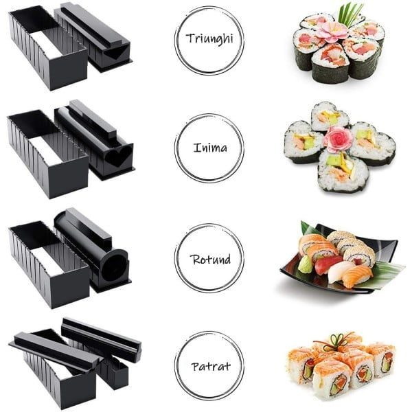 Set preparare sushi, Quasar & Co.®, 2 spatule si 8 forme diferite, plastic, negru - imagine 5