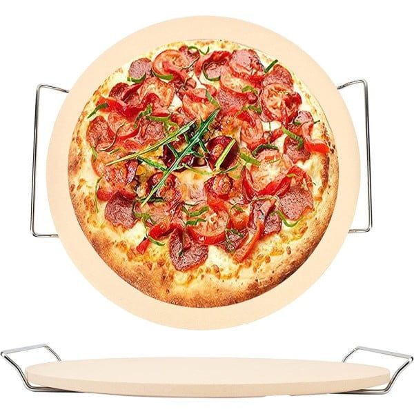 Set piatra de pizza din ceramica, cu manere si taietor Quasar & Co.®, piatra/metal/lemn, d 33 cm, crem - imagine 5