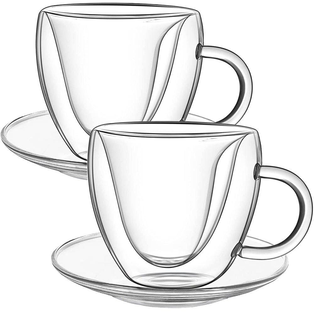 Set 2 cani si 2 farfurioare, Quasar & Co.®, cana 250 ml cu pereti dubli, interior forma inima, farfurioara 10.5 cm, termorezistenta, transparent 2