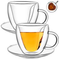 Set 2 cani si 2 farfurioare, Quasar & Co.®, cana 250 ml cu pereti dubli, interior forma inima, farfurioara 10.5 cm, termorezistenta, transparent 15