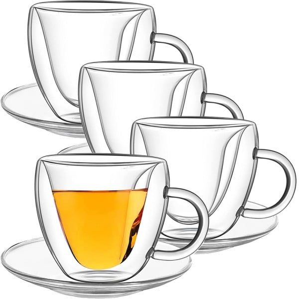 Set 4 cani si 4 farfurioare, Quasar & Co.®, cana 250 ml cu pereti dubli, interior forma inima, farfurioara 10.5 cm, termorezistenta, transparent - imagine 3