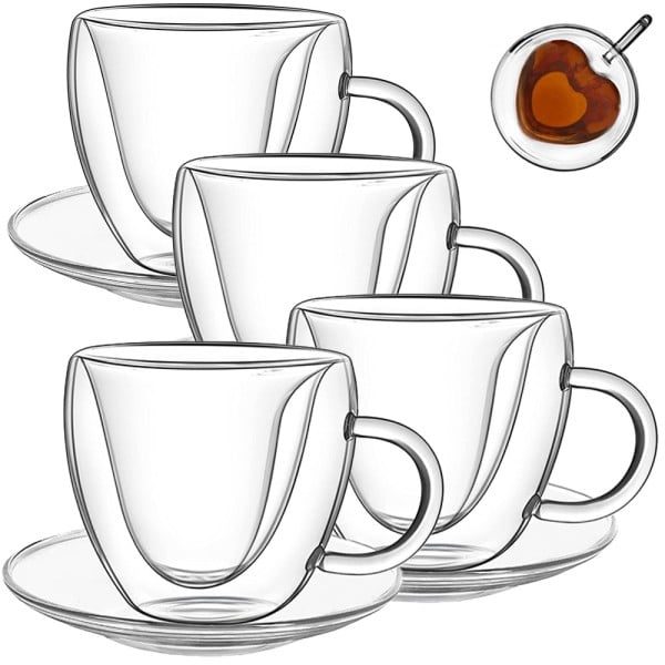 Set 4 cani si 4 farfurioare, Quasar & Co.®, cana 250 ml cu pereti dubli, interior forma inima, farfurioara 10.5 cm, termorezistenta, transparent - imagine 4