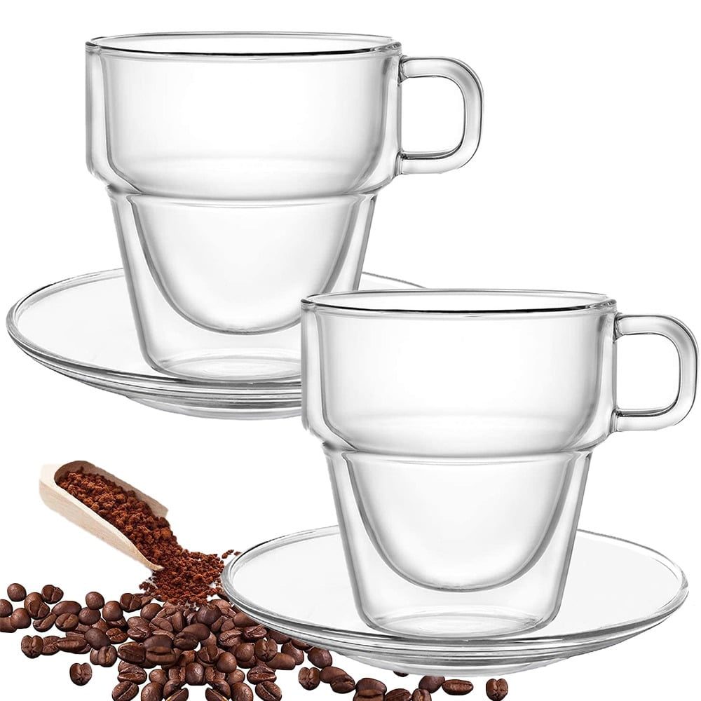 Set 2 cesti si 2 farfurioare si 2 lingurite, Quasar & Co.®, cana 250 ml cu pereti dubli, farfurioara 10.5 cm, lingurite sticla, termorezistenta, transparent 4