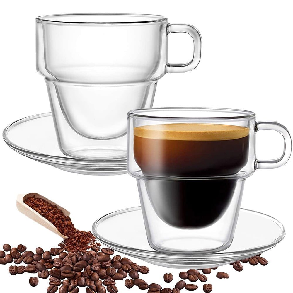 Set 2 cesti si 2 farfurioare si 2 lingurite, Quasar & Co.®, cana 250 ml cu pereti dubli, farfurioara 10.5 cm, lingurite sticla, termorezistenta, transparent 3