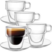 Set 4 cesti si 4 farfurioare, Quasar & Co.®, cana 250 ml cu pereti dubli, farfurioara 10.5 cm, termorezistenta, transparent 18