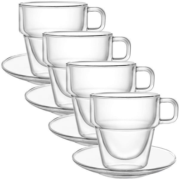 Set 4 cesti si 4 farfurioare, Quasar & Co.®, cana 250 ml cu pereti dubli, farfurioara 10.5 cm, termorezistenta, transparent - imagine 3