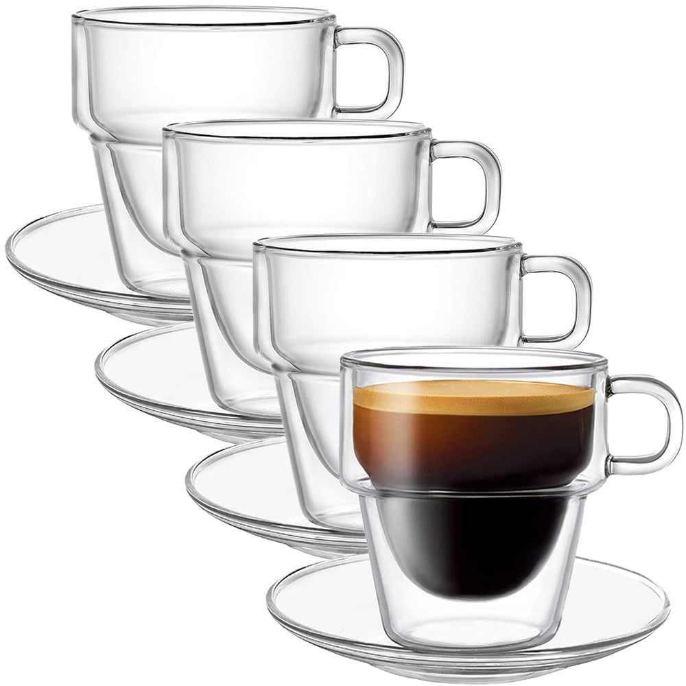 Set 4 cesti si 4 farfurioare, Quasar & Co.®, cana 250 ml cu pereti dubli, farfurioara 10.5 cm, termorezistenta, transparent 5