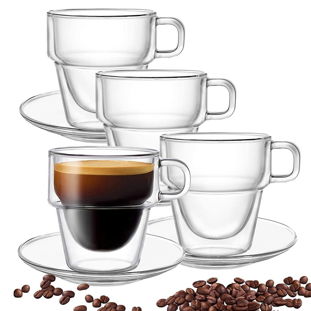 Set 4 cesti si 4 farfurioare, Quasar & Co.®, cana 250 ml cu pereti dubli, farfurioara 10.5 cm, termorezistenta, transparent 4