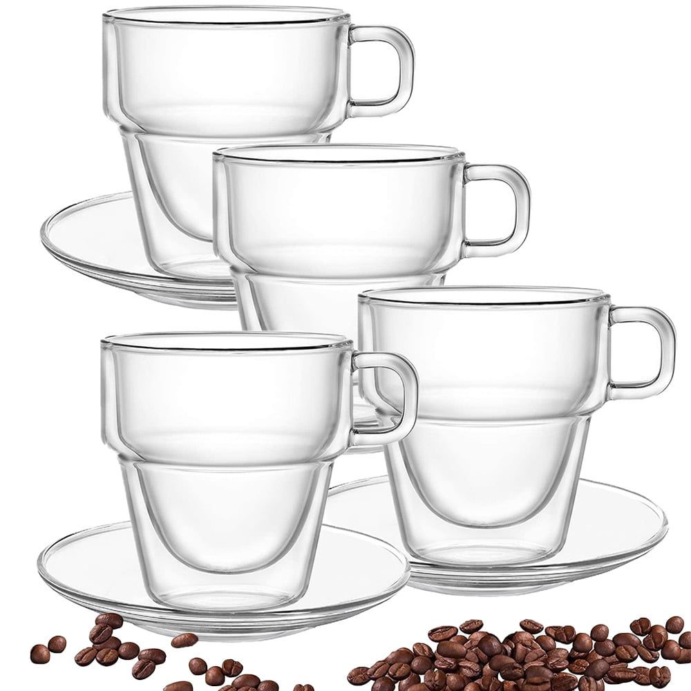 Set 4 cesti si 4 farfurioare, Quasar & Co.®, cana 250 ml cu pereti dubli, farfurioara 10.5 cm, termorezistenta, transparent 6
