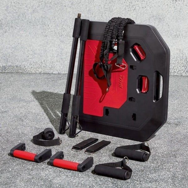 Set compact fitness, Crivit,12 piese, echipament portabil, cu placa aderenta, manere buretate si cabluri tensionare, bara reglabila, cuier usa, geanta accesorii, 86 x 50,5 x 3 cm, negru-rosu - imagine 4