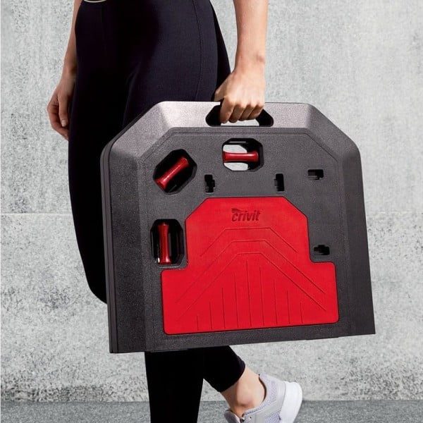 Set compact fitness, Crivit,12 piese, echipament portabil, cu placa aderenta, manere buretate si cabluri tensionare, bara reglabila, cuier usa, geanta accesorii, 86 x 50,5 x 3 cm, negru-rosu - imagine 5