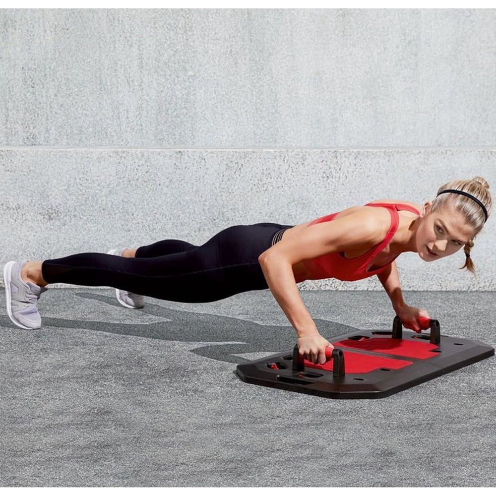 Set compact fitness, Crivit,12 piese, echipament portabil, cu placa aderenta, manere buretate si cabluri tensionare, bara reglabila, cuier usa, geanta accesorii, 86 x 50,5 x 3 cm, negru-rosu 6