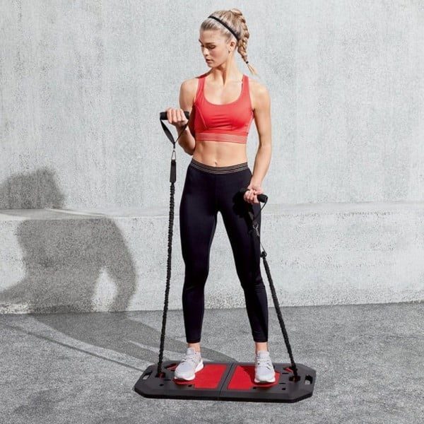 Set compact fitness, Crivit,12 piese, echipament portabil, cu placa aderenta, manere buretate si cabluri tensionare, bara reglabila, cuier usa, geanta accesorii, 86 x 50,5 x 3 cm, negru-rosu - imagine 7