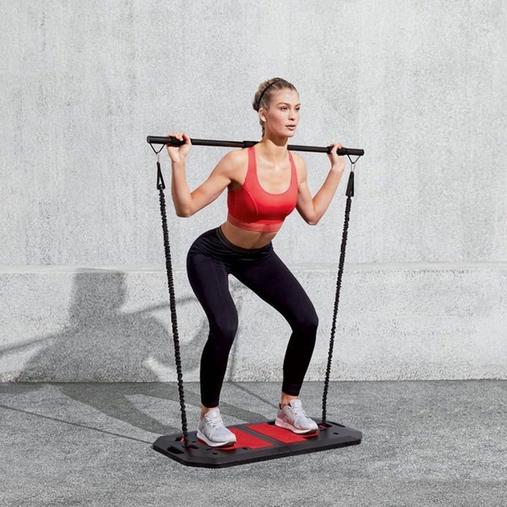 Set compact fitness, Crivit,12 piese, echipament portabil, cu placa aderenta, manere buretate si cabluri tensionare, bara reglabila, cuier usa, geanta accesorii, 86 x 50,5 x 3 cm, negru-rosu 8